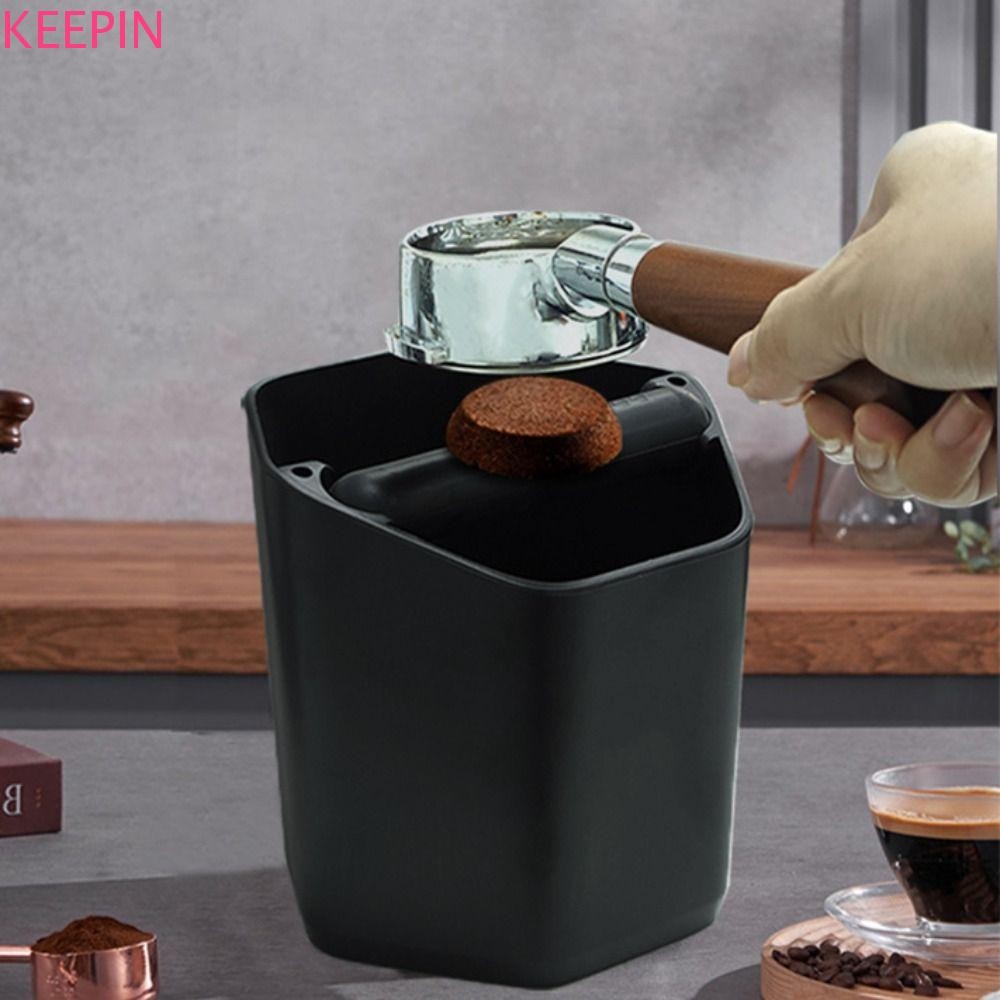 KEEPIN กล่องเคาะกาแฟหกเหลี่ยม, ที่จับยาง ถังกากกาแฟความจุขนาดใหญ่, ฐานกันลื่นเงียบแบบพกพา, กากกาแฟพลาสติกถังบาริสต้า