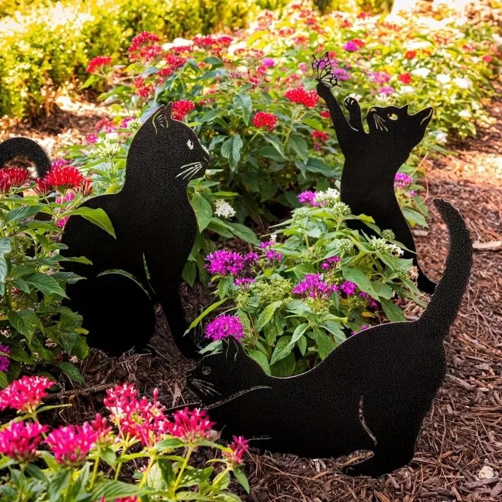 แมวน่ารัก Silhouette Garden Stakes - ตกแต่งรูปปั้นสัตว์กลางแจ้งสําหรับลานสนามหญ้าและสวน, Charming Cat Family Decor