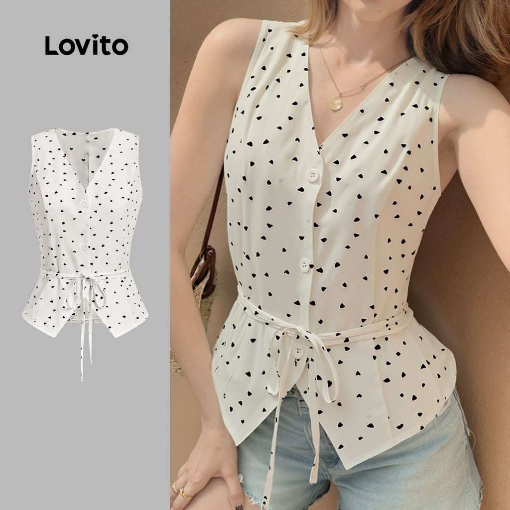 Lovito เสื้อเปิดแถวคอแบบเรียบหรูสำหรับผู้หญิง ช่วงฤดูใบไม้ผลิ/ฤดูร้อน สีขาวออฟไวท์ L143EDD423