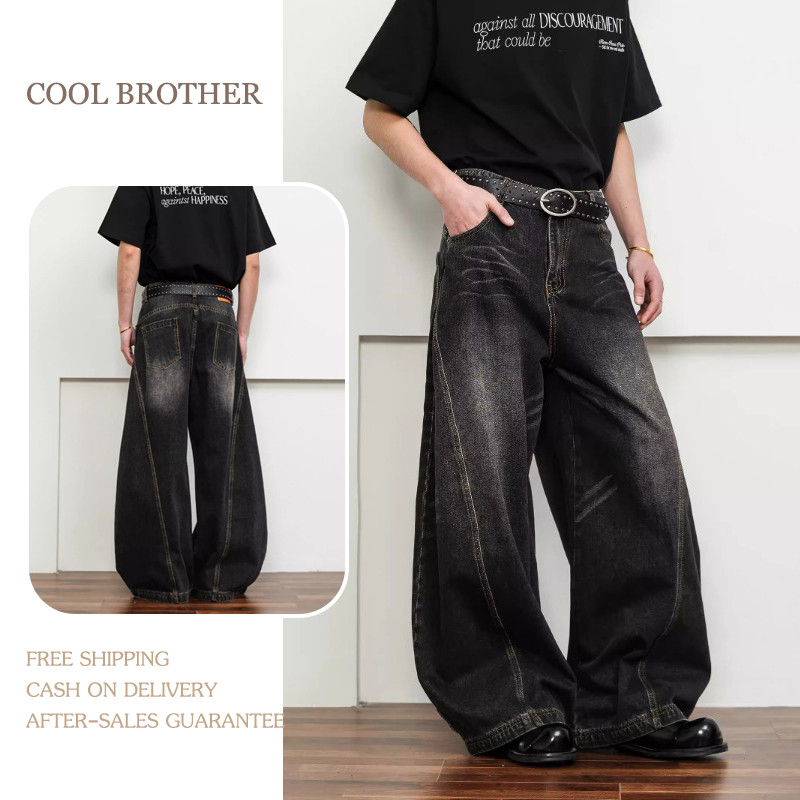 [COOL BROTHER]กางเกงยีนส์ทรงแสกข้าง สไตล์อเมริกันย้อนยุค กางเกงยีนส์สไตล์อเมริกาย้อนยุค สูงขี้เกียจ สำหรับท่านชายและหญิง แบบขากว้างระดับไฮเอนด์ สไตล์สตรีทใหม่ ซักและถูพื้น กางเกงขากว้าง ขั้นสูง และหลากหลาย มีไซส์ M-3XL