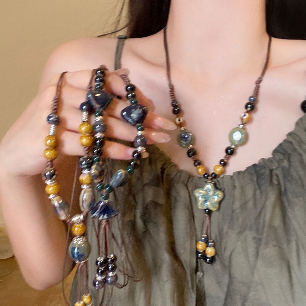 พู่สร้อยคอเซรามิคแบบโบราณ ลายดอกไม้ สไตล์ชาติพันธุ์และจีน ดีไซน์หรูหรา V0QP