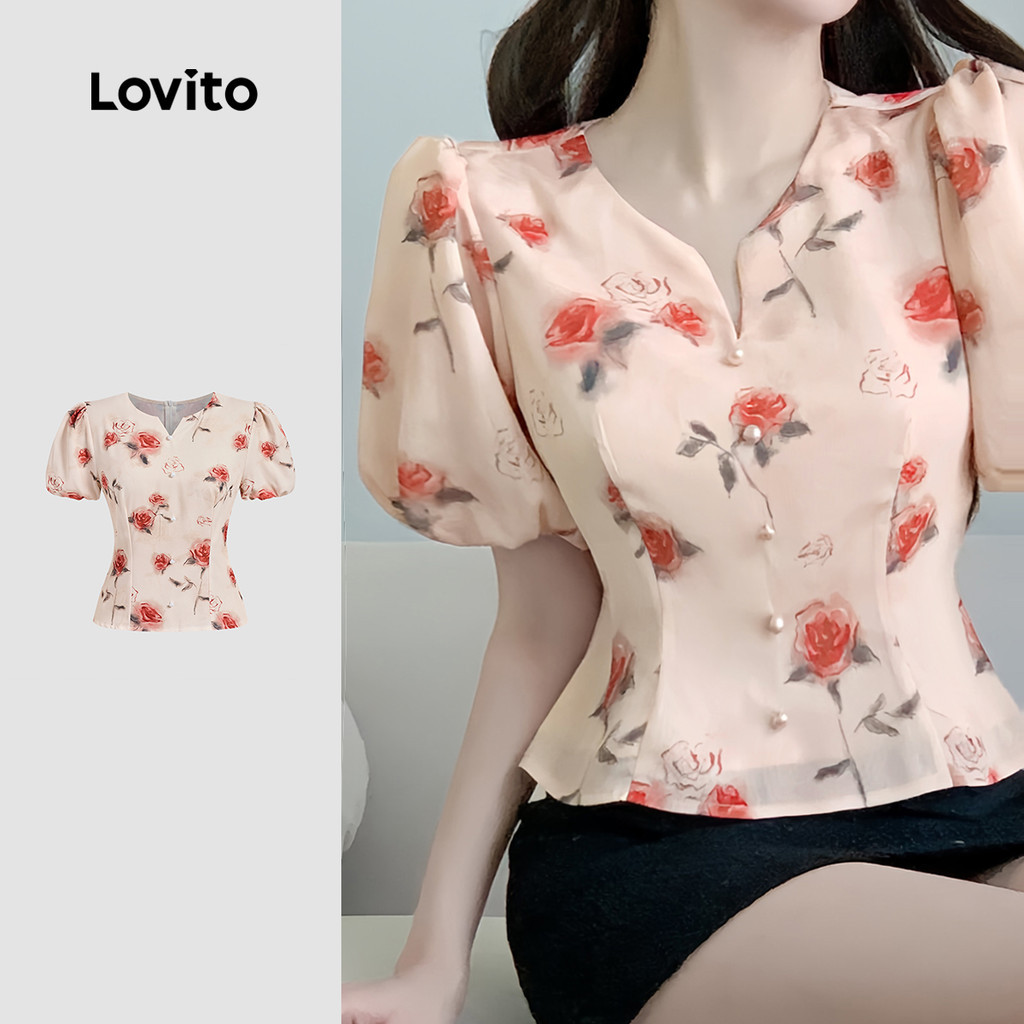 Lovito ดอกไม้สบายๆดอกไม้ปุ่มด้านหน้าโครงสร้างสายฤดูใบไม้ผลิ/ฤดูร้อน หลากสี เสื้อสําหรับผู้หญิง L135A2D159