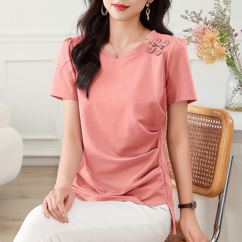 ขนาดใหญ่ขนาดด้านบนฤดูร้อนเสื้อผ้าสตรีสาวเสื้อผ้าสไตล์จีนใหม่สไตล์จีนติดกระดุมไม่สม่ําเสมอSlimmerดูลดอายุแขนสั้นด้านบน - รูปที่ 2