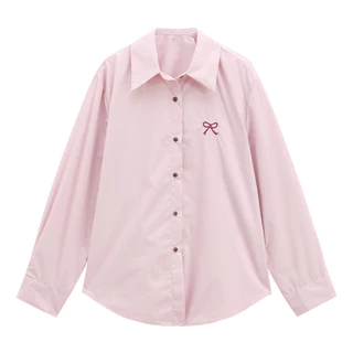 Dahong 💖 เสื้อเชิ้ตแขนยาว สีพื้น ปักลายโบว์ ทรงหลวม สีชมพู เสื้อสไตล์เกาหลีแฟชั่นลำลอง แมชง่ายกับทุกลุค W417
