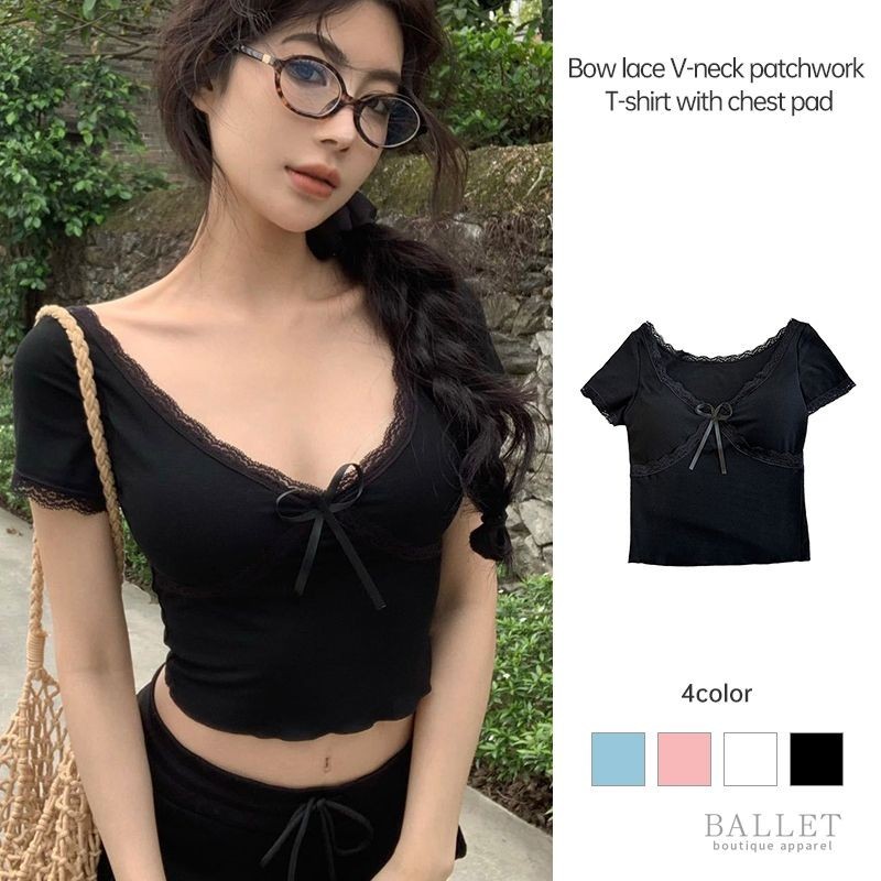 ลูกไม้คอวีเย็บปะติดปะต่อกันสั้นเสื้อยืดผู้หญิงฤดูร้อนบางกระชับเสื้อยืดเซ็กซี่สาวเผ็ดโบว์ด้านบน BB