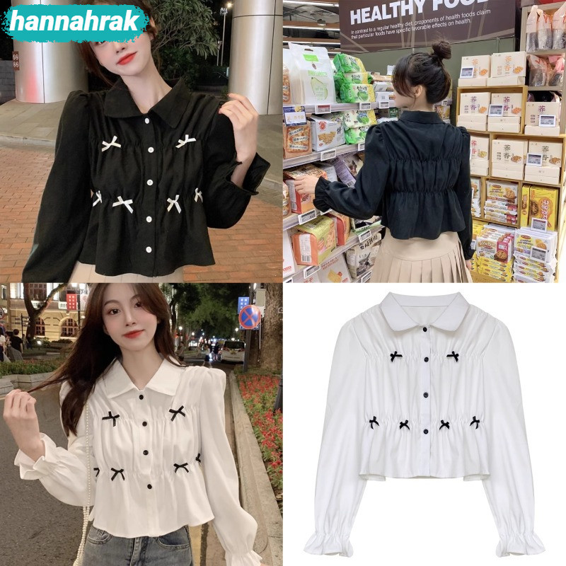 (ส่งจากกรุงเทพฯ)เสื้อเชิ้ตแขนยาวสไตล์ฝรั่งเศส ด้านบนหลวม ป้องกันแสงแดด สีดำ สีขาว