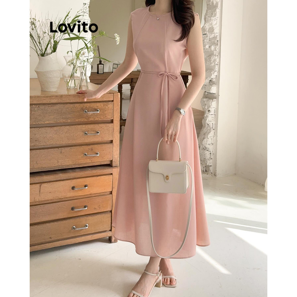 Lovito เดรสผู้หญิง ผูกเชือก ตีเกล็ดหน้า สีพื้น สไตล์ลำลอง L91ED500
