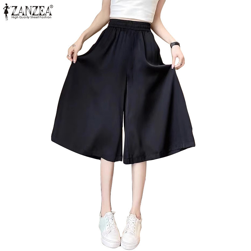 ZANZEA ใส่ ซานเซีย ผู้หญิงเกาหลีสีทึบหลวมตรงเอวยางยืดตัดกางเกง
