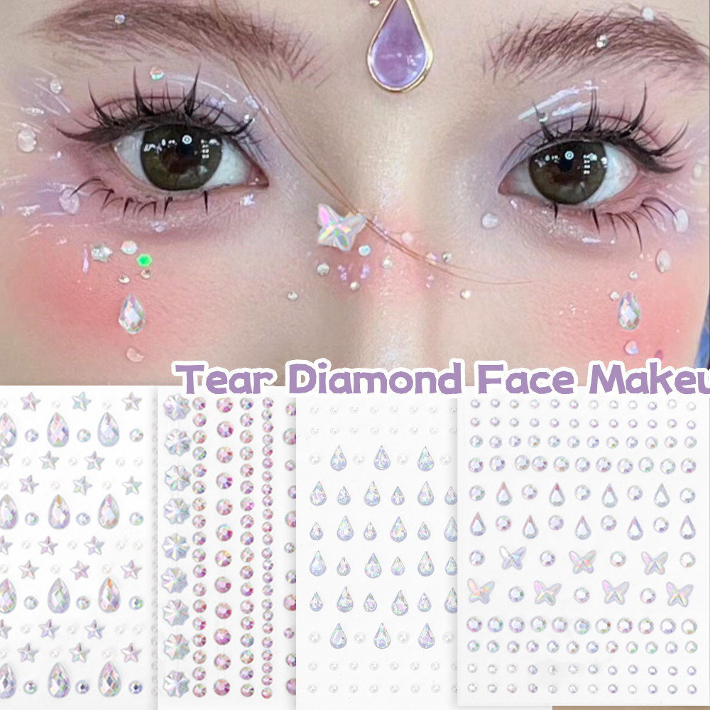 รอยสักชั่วคราว - For Face, Hair, Eye, Body - Self Adhesive Face Rhinestones - อัญมณีหน้า - พลอยทรงหยดน้ํา - สติ๊กเกอร์ Rhinestones มุก - แต่งหน้าปาร์ตี้เทศกาล