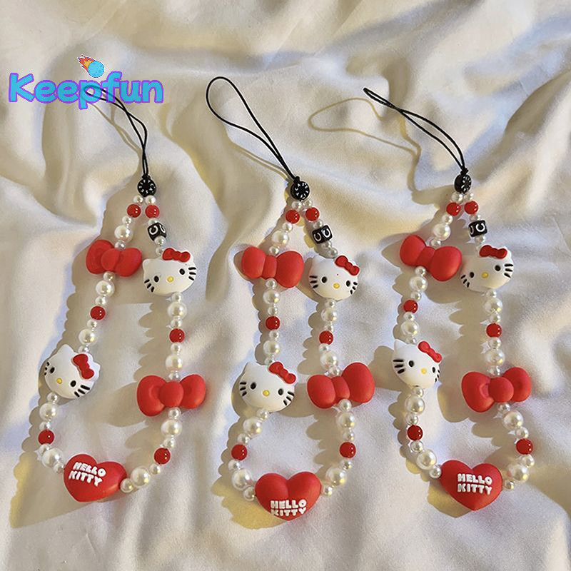 [Keepfun] Kawaii Sanrio Mobile Pendant Hello Kitty Anti-lost Lanyard Key เชือกข้อมือสั้นเครื่องประดับสีแดงพวงกุญแจอะนิเมะผู้หญิงมือถือโซ่ [ใหม่]