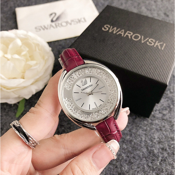 SWAROVSKI สวารอฟสกี้ สินค้าใหม่สายหนังแท้การเคลื่อนไหวควอตซ์สุภาพสตรีเพชรเรียงรายแสงหรูหราระดับไฮเอนด์ยุโรปอเมริกันนาฬิกา