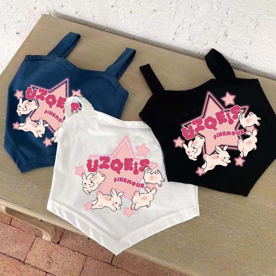 สาวสไตล์เกาหลีเสื้อกั๊กไม่สม่ําเสมอฤดูร้อนเด็กรักพิมพ์เสื้อยืดแขนกุดเด็กสั้นด้านบนสาวเสื้อผ้า