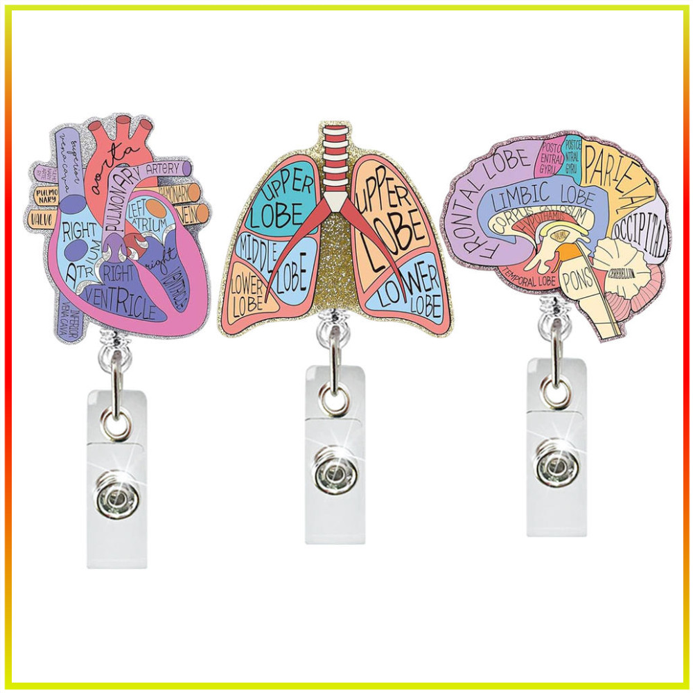 Medical Heart Lung สมองอะคริลิค Glitter Retractable Badge Reel หมุนจระเข้คลิป ID Badge สําหรับหมอพยาบาล