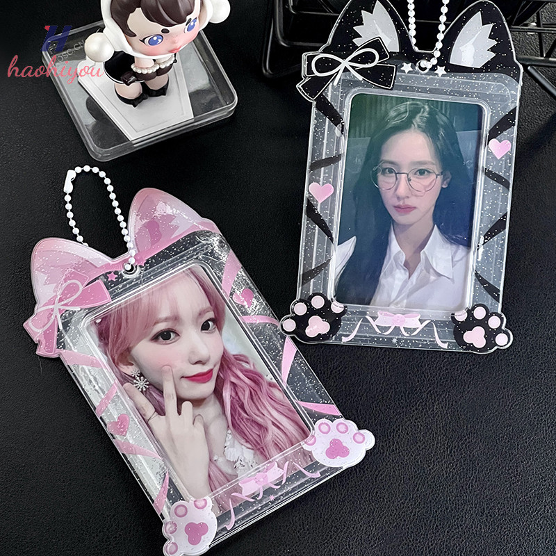 <haohiyou> น่ารักหวานลูกไม้โบว์ผู้ถือบัตรภาพประณีตไอดอลภาพป้องกันแสดงแขน Kawaii เครื่องเขียนจี้พวงกุญแจของขวัญ Nice