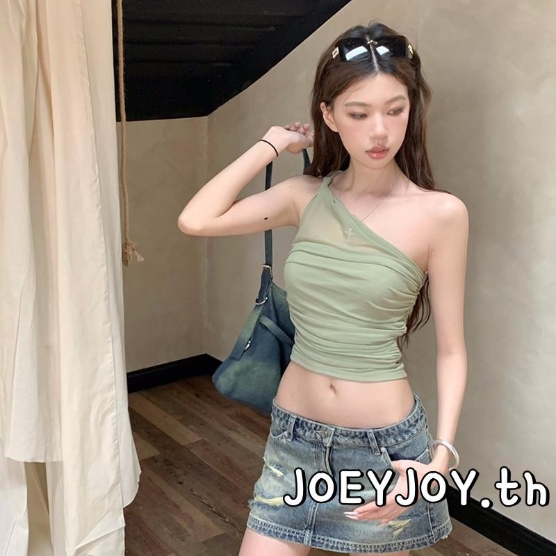 Joeyjoy-เสื้อกล้ามไหล่เดียวสตรีตาข่าย Ruched Twisted Strap Backless Slim Fit Crop Vest