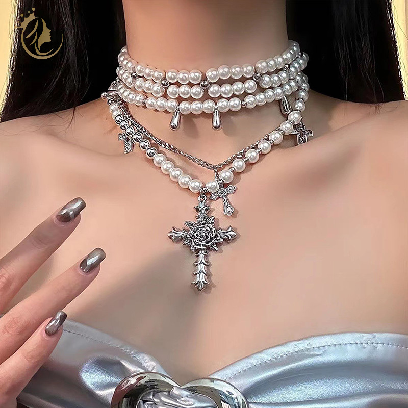 [goushbshiy] แฟชั่นส่วนบุคคลหลายชั้นมุกข้ามจี้สร้อยคอ Clavicle Chain สําหรับผู้หญิงอารมณ์เครื่องประดับอุปกรณ์เสริมของขวัญ TH