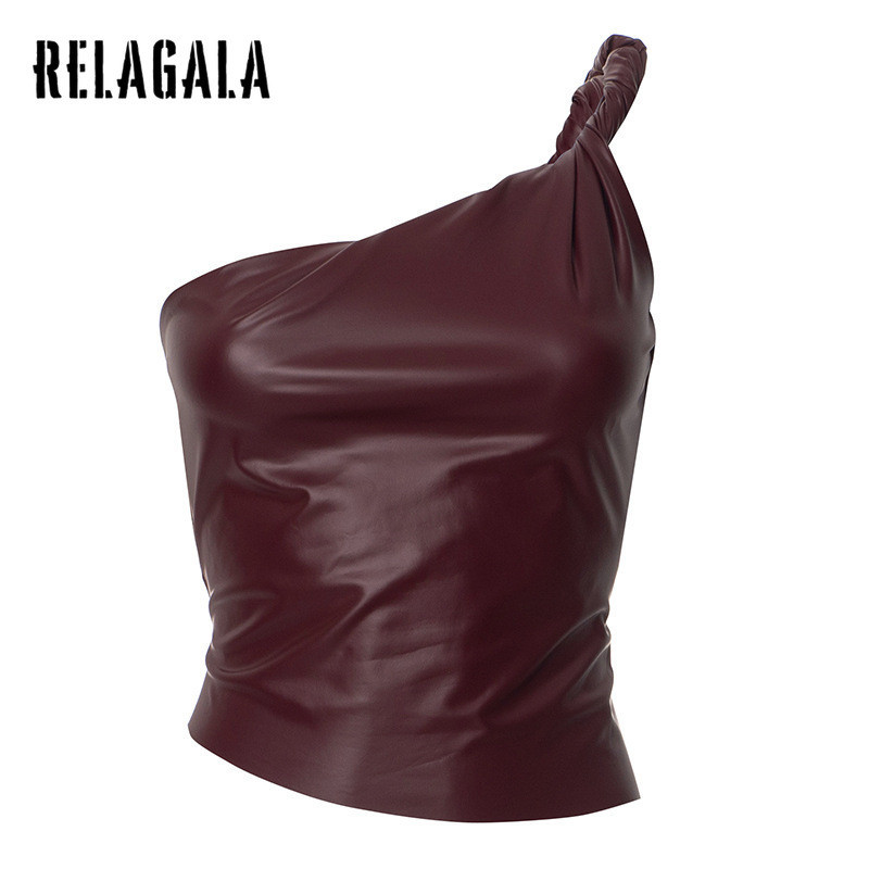 Relagala ผู้หญิง 2024 ใหม่แฟชั่น Casual หนังไหล่เดี่ยว Diagonal Pendulum แขนกุดถัง