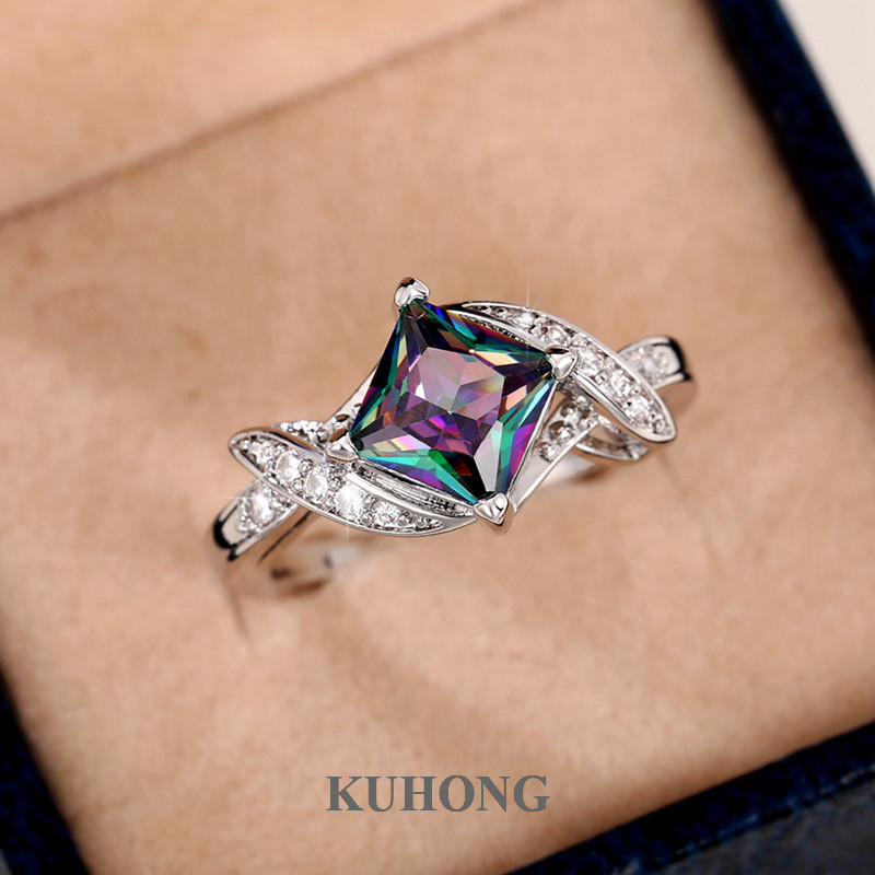 Kuhong Luxury Princess Square CZ แหวนผู้หญิง Brilliant สีสัน Cubic Zirconia แหวนแต่งงานครบรอบเครื่องประดับ Chic