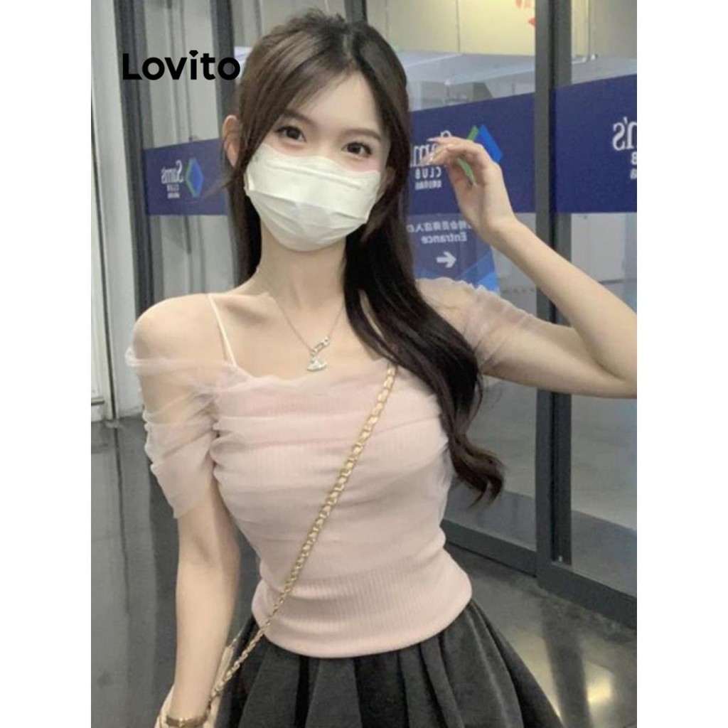 Lovito เสื้อยืดผู้หญิง เปิดไหล่ สีพื้น สไตล์ลำลอง LNA60184