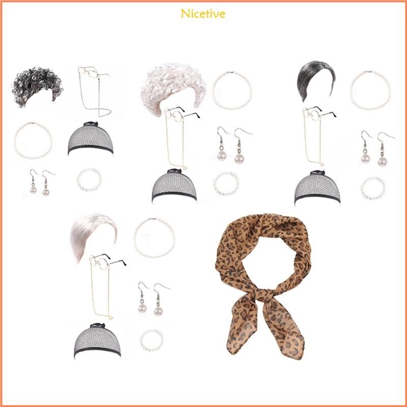 Nice Old Lady Wigs ชุดเครื่องแต่งกาย Granys แว่นตาสร้อยคอสร้อยคอ Old Lady เครื่องแต่งกายยายยายยายยายยายวิกผมยายเครื่องแต่งกาย