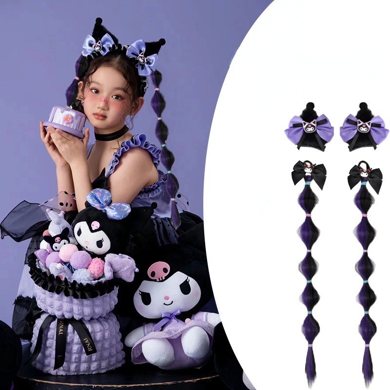 Sanrio เด็ก Kuromi Bow วิกผม Braid Bubble Twist Braid โคมไฟ Braid Double หางม้าผมวงกลมสาวหวาน Braids อุปกรณ์เสริมผม