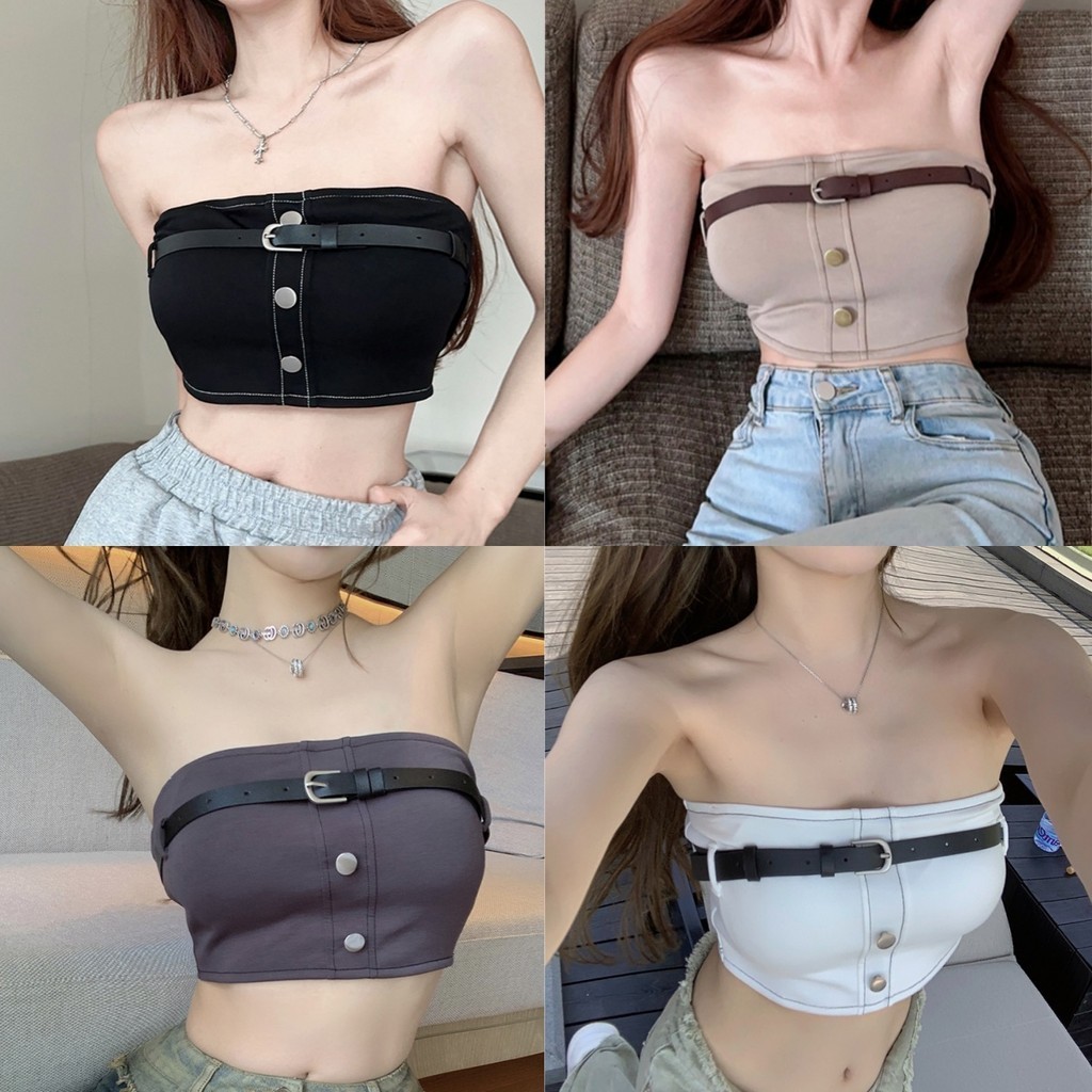 🤎Bonnie🤎เสื้อเกาะอกสายเดี่ยว มีฟองน้ำ เซ็กซี่ พร้อมเข็มขัดตกแต่ง เสื้อไปทะเล เกาะอก ผู้หญิง สไตล์Y2K