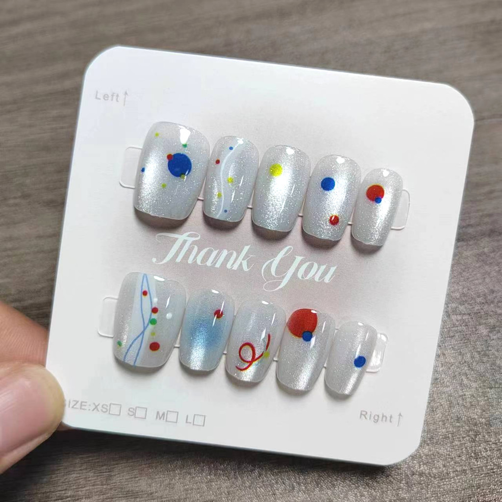 10pcs Cat Eye Handmade กดบนเล็บเล็บปลอมพร้อมสติกเกอร์กาว M336