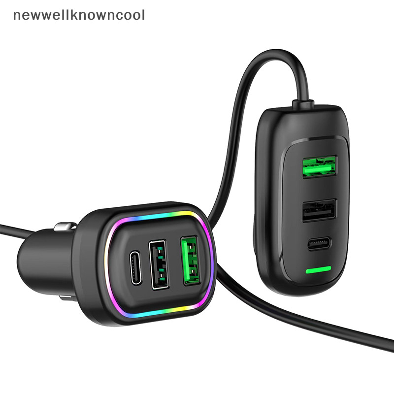 Newwellknowncool 6-Ports USB Type-C ด้านหน้าและด้านหลัง Extension Car Charger พร้อมไฟ RGB PD Power Adapter สําหรับแท็บเล็ตแล็ปท็อป AAD