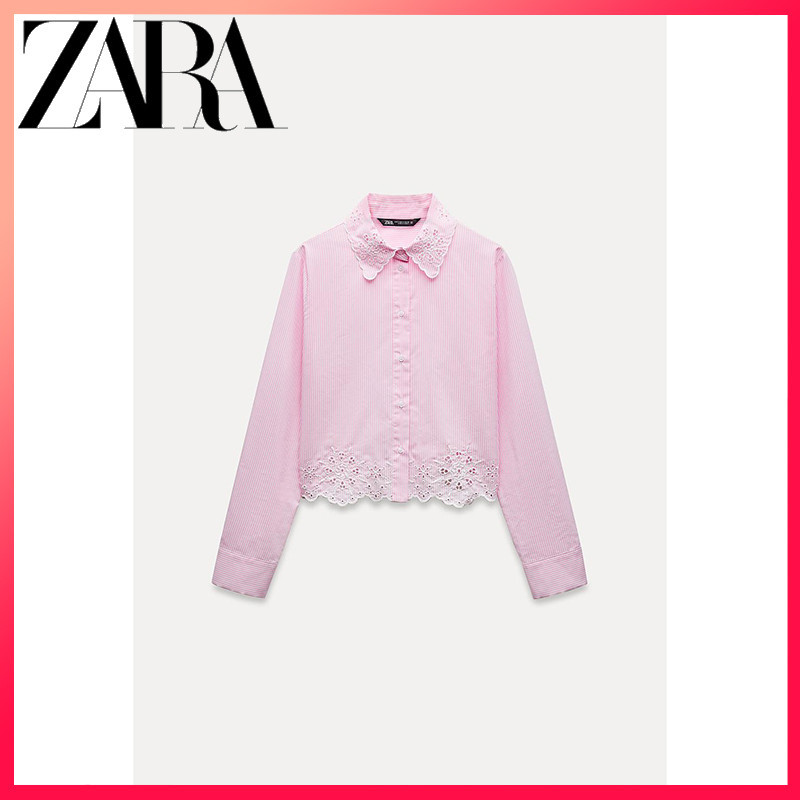 ZARA ซาร่า 24 ฤดูใบไม้ร่วงสินค้าใหม่เสื้อผ้าสตรีกลวงเย็บปักถักร้อยลายเสื้อสั้น