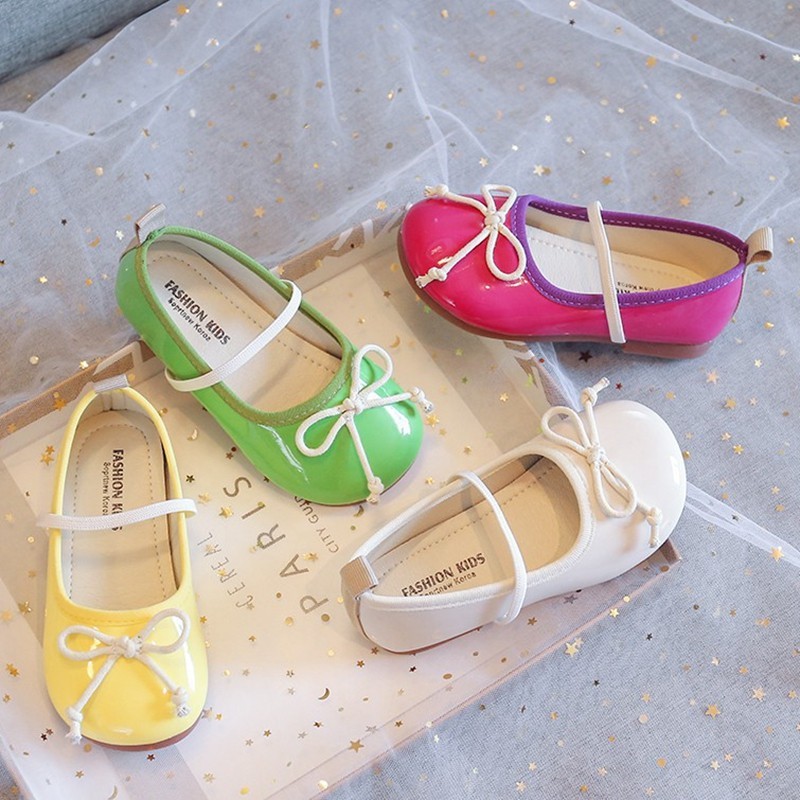 ลูกอมสีสาวนุ่มแบนรองเท้าเจ้าหญิง1-12ปีเด็กสาวโบว์โบว์ประสิทธิภาพรองเท้าเดียวสีดําขนาด21-36