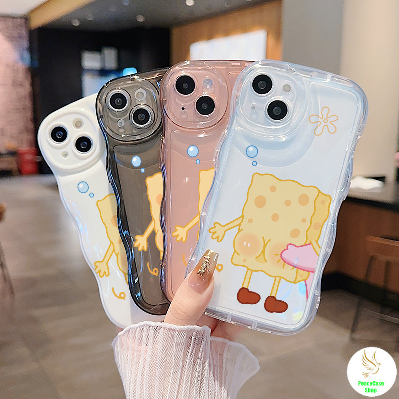 COD-ในไทย เคส สปันจ์บ็อบน่ารัก ก้นสีชมพู สําหรับiPhone 7 8 X 11 12 13 14 15 TPUคู่รักขอบคลื่นซิลิโคนเคส รุ่นสำหรับคู่รัก