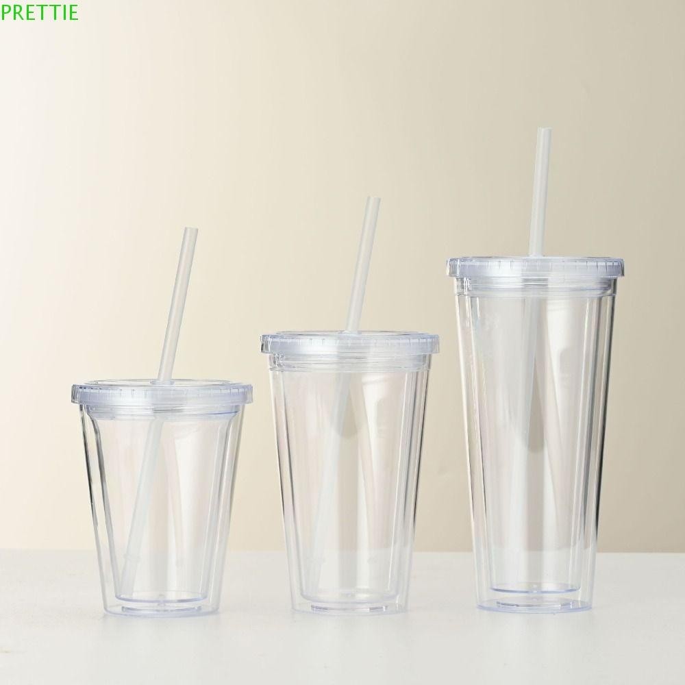 Prettie แก้วน้ําใส, ขวดน้ํา 350/450/650 มล., Househo พร้อมฝาปิดและฟางพลาสติกสองชั้นถ้วยกาแฟเย็นนม