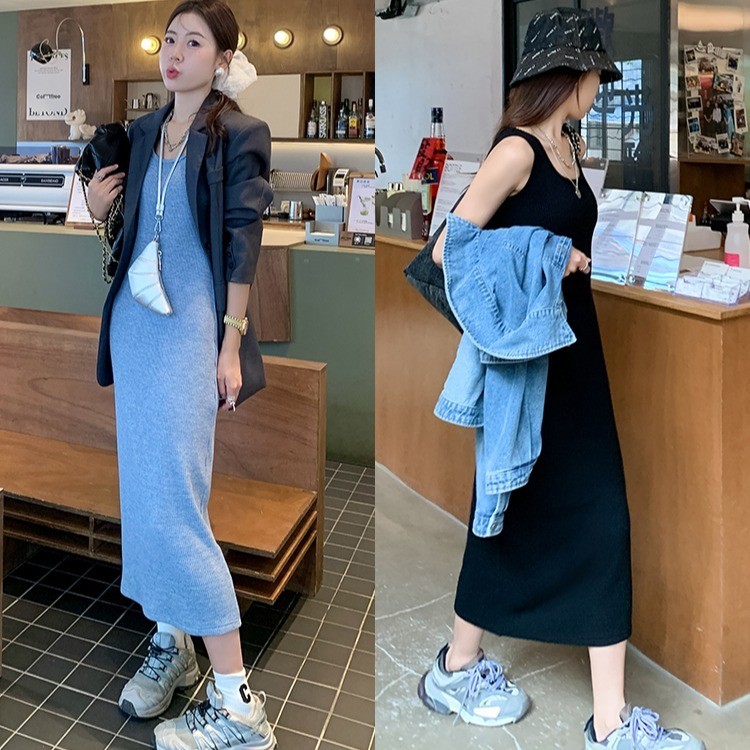 Bella Shop ชุดเดรสแขนกุดสไตล์ลำลอง ผ้าวาฟเฟิลเกรดสูงเข้ารูปสไตล์เกาหลี กระโปรงยาวด้านในทรงสุภาพ
