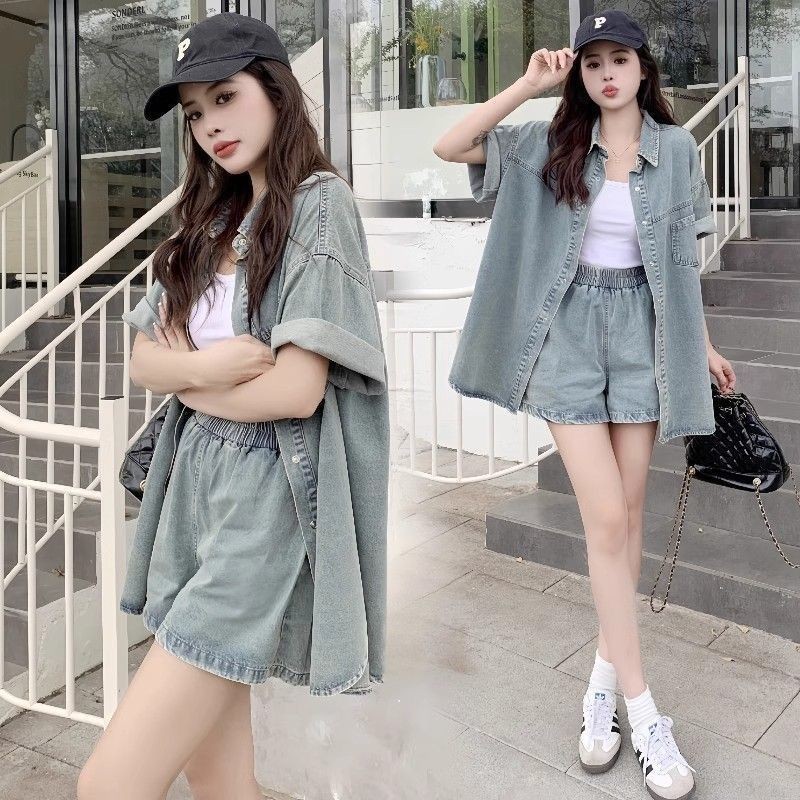 ชุดเซ็ต2ชิ้นสไตล์เกาหลีสีแบบทำเก่า เสื้อเชิ้ตยีนส์+กางเกงขาสั้น ชุดสองชิ้นผู้หญิงทรงหลวมผู้หญิง สาวอวบใส่ได้ oversize