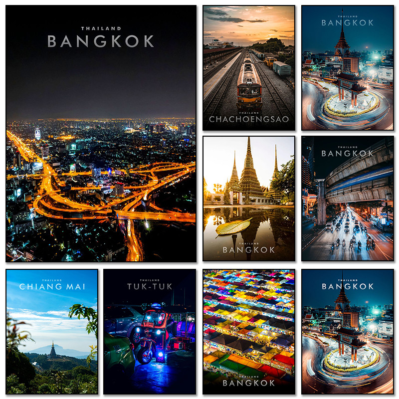 Modern Thailand Bangkok City โปสเตอร์ผ้าใบภาพวาดพิมพ์ Cityscapes ภาพสําหรับห้องนั่งเล่นตกแต่งบ้าน