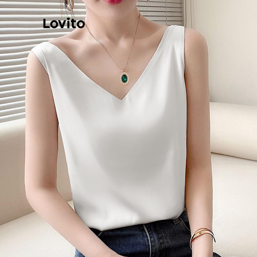 Lovito เสื้อแขนกุดผู้หญิง เปิดไหล่ สีพื้น น่ารัก LNE58577