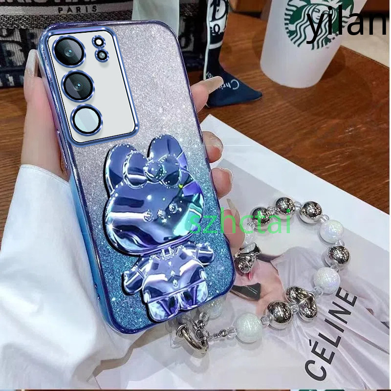 เคสโทรศัพท์ Vivo V29 5G V30 5G V29E V27 5G V27E V25 V25E V23 5G V21 5G V19 กระต่ายกระจกแต่งหน้าวงเล็บหรูหราซิลิโคนใสเคสโทรศัพท์แบบนุ่มพร้อมสร้อยข้อมือเชือกแขวน เคส Vivo V29 5G V30 5G V29E V27 5G V27E V25 V25E V23 5G V21 5G V19