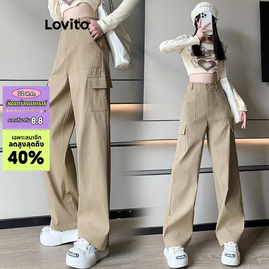 Lovito กางเกงผู้หญิง มีกระเป๋า มีกระดุม สีพื้น สไตล์ลำลอง LNE48372