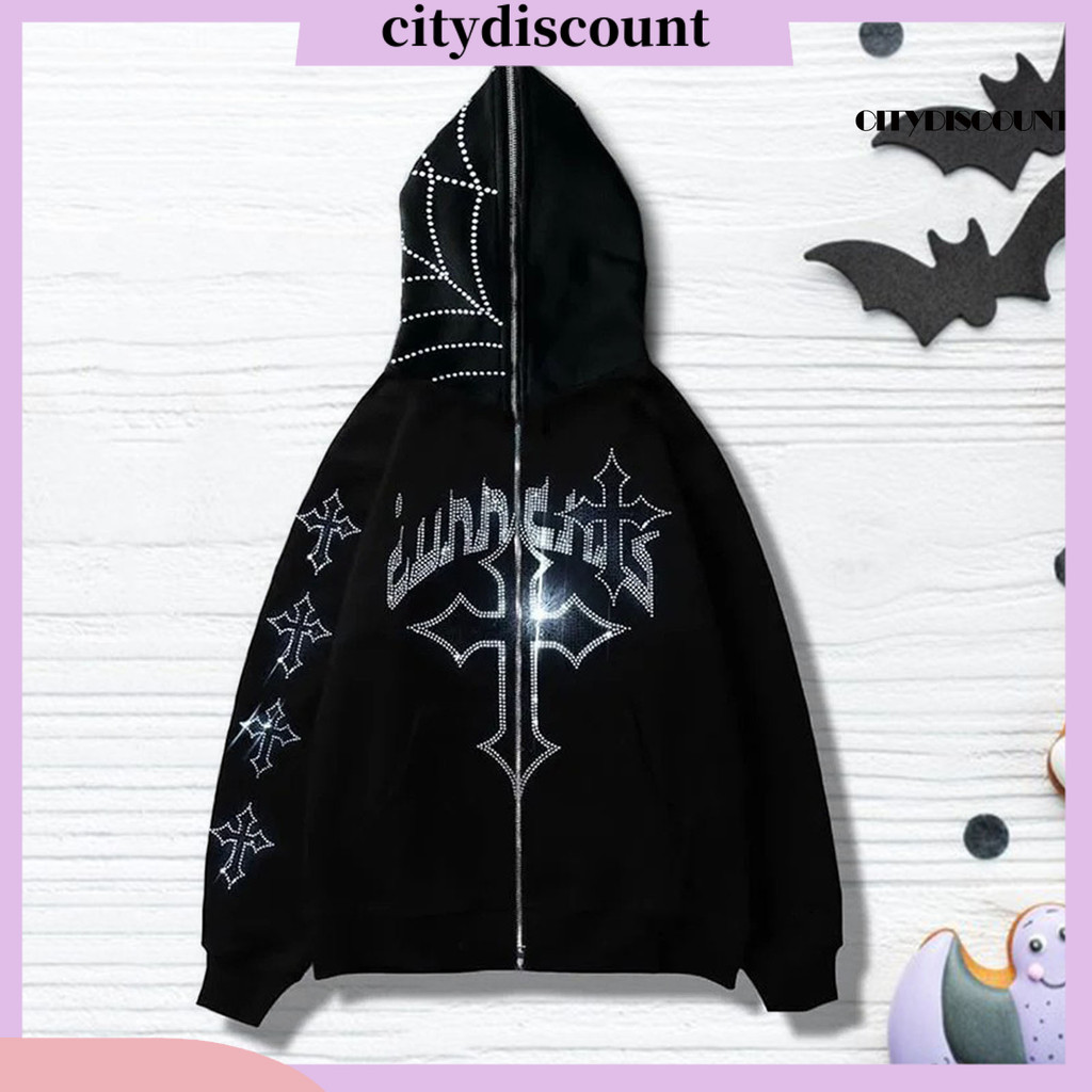 [CTY] Unisex เสื้อฮู้ดฮาโลวีน Rhinestone รูปแบบซิปปิดกระเป๋า Hooded แขนยาวคอสเพลย์เครื่องแต่งกายฤดูใบไม้ร่วงฤดูหนาวแจ็คเก็ต