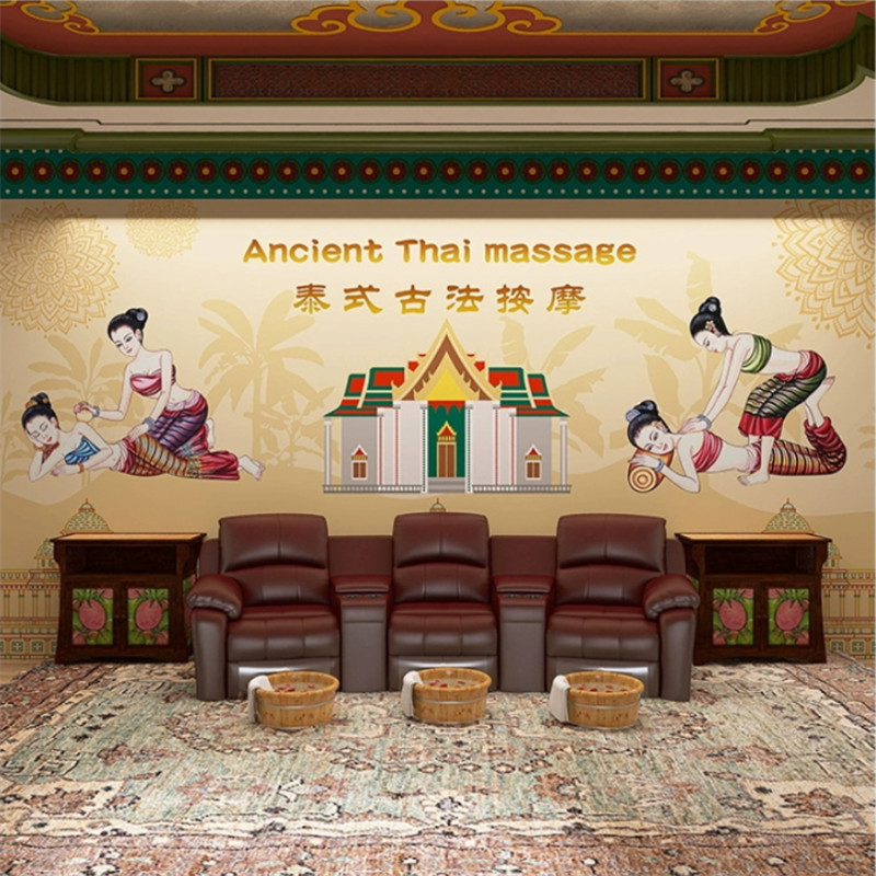 วอลล์เปเปอร์นวดไทยที่กําหนดเองสําหรับร้านนวดแช่เท้าสุขภาพร้านเสริมสวยผนังกระดาษอุตสาหกรรมตกแต่งภาพจิตรกรรมฝาผนัง
