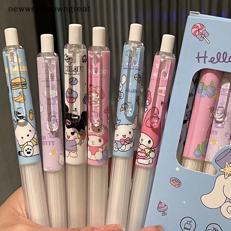 Newwellknowngreat 6 ชิ้น Sanrio Hello Kitty ปากกาเจลน่ารักการ์ตูน Kuromi Melody Cinnamoroll รูปลักษณ์สูงกดปากกาโรงเรียนอุปกรณ์สาวและของขวัญเด็ก CAD