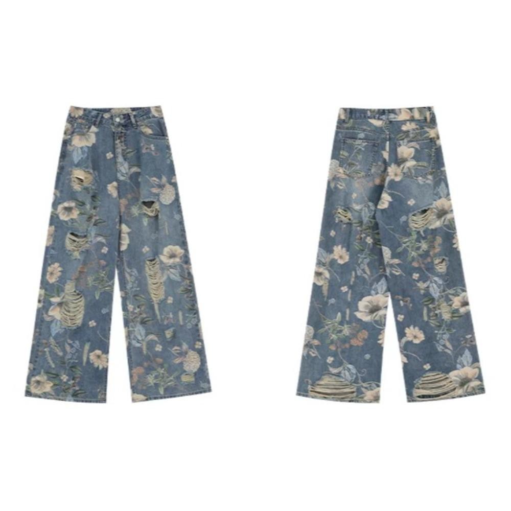 Augustinan กางเกงยีนส์ผู้หญิง Y2K, ดอกไม้ Ins กางเกงยีนส์ตรง, Elegant Ripped Baggy หลวมหักกางเกงกลวง - รูปที่ 2