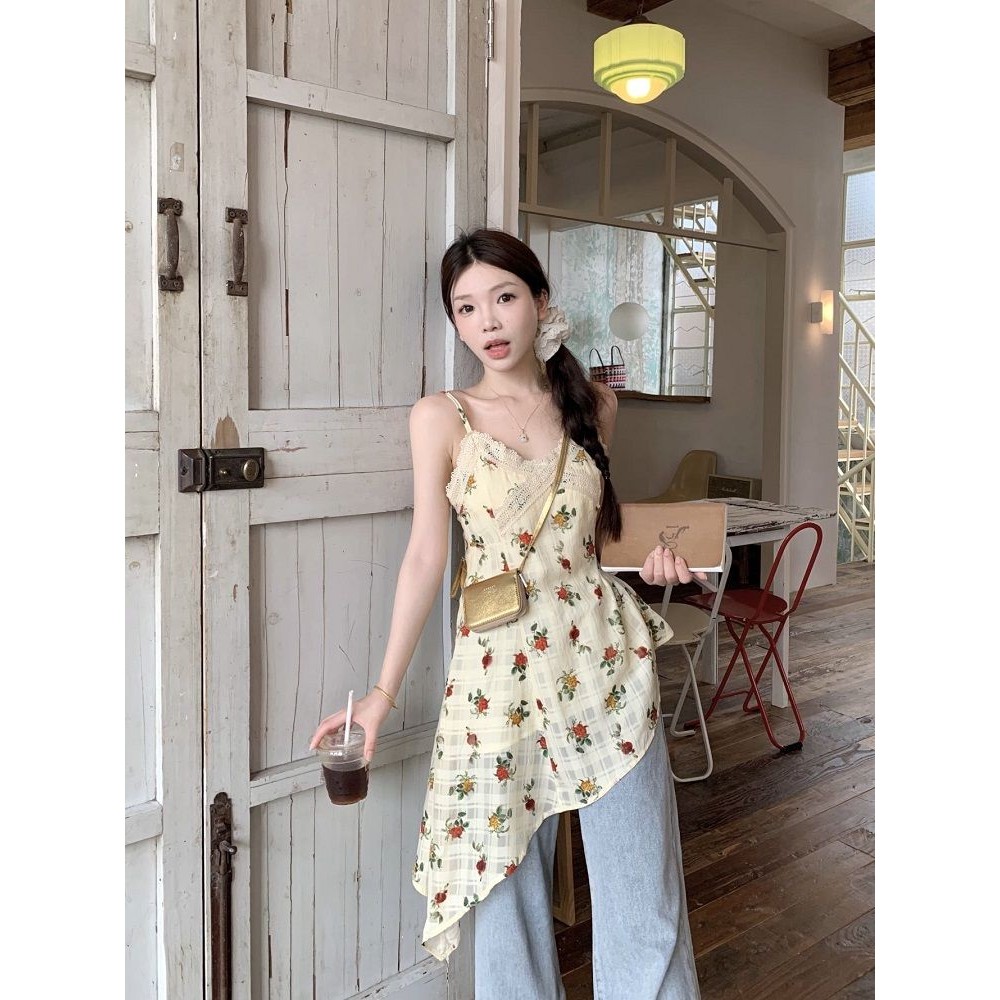เซ็กซี่สาวร้อนลูกไม้ Camisole ผู้หญิงฤดูร้อนไม่สม่ําเสมอ Simple All-Match Hem กลางความยาวดอกไม้เสื้อผ้าผู้หญิง