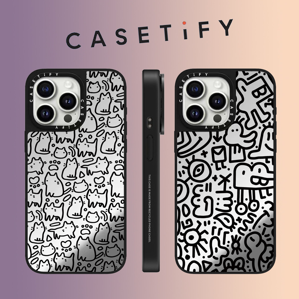 Casetify น่ารักสายแมวจระเข้กระจกหน้าเคสโทรศัพท์สําหรับ iPhone 15 Pro Max 14 Plus 13 ProMax 12 12Pro 11 โทรศัพท์กันกระแทกขอบนุ่มฮาร์ดป้องกันกรณี