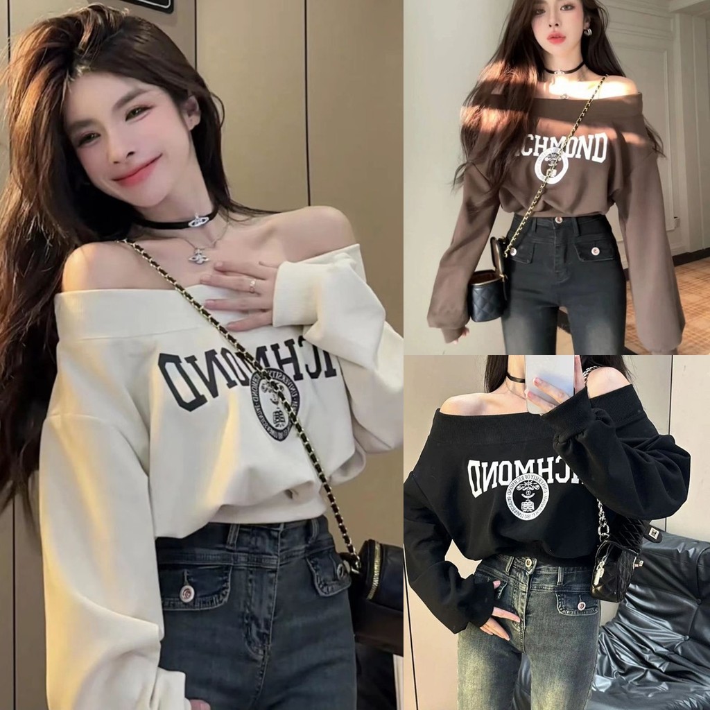 เสื้อสเวตเตอร์ผู้หญิงพิมพ์ลายคําภาษาอังกฤษปิดไหล่หวานเผ็ดหลวมสั้น