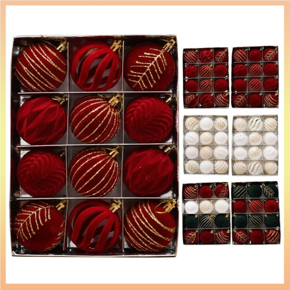 12 ชิ้นกํามะหยี่เครื่องประดับต้นคริสต์มาส Flocked Christmas Ball ตกแต่ง Xmas ลูกคริสต์มาส Handing เครื่องประดับสําหรับ Xmas Tree Holiday พวงหรีด Garland วันเกิดตกแต่งงานแต่งงาน