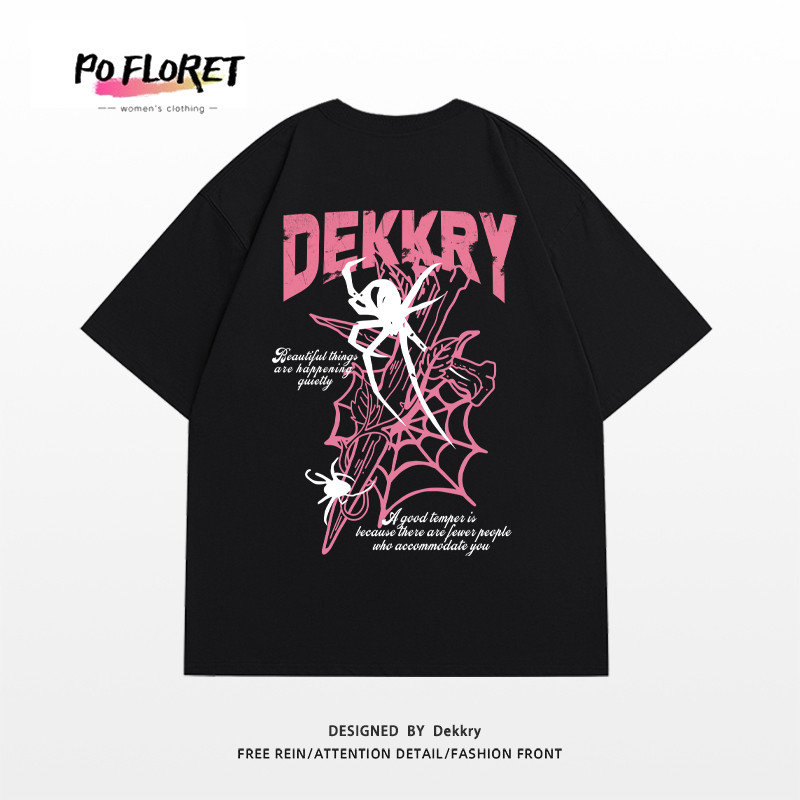 Pofloret เสื้อยืดแขนสั้น โอเวอรไซซ์ จับคู่กับลวดลายยอดนิยมไฮสตรีทย้อนยุคอเมริกัน #J000022
