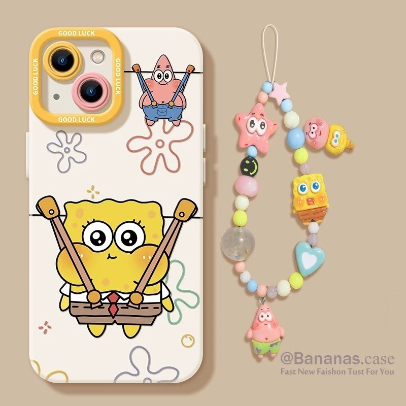 Iphone 16 15 14 13 12 11 Pro Max X Xr Xs Max 7 8 Plus SE2020 เคสโทรศัพท์การ์ตูนคู่ Spongebob +Lanyard Soft ฝาหลัง