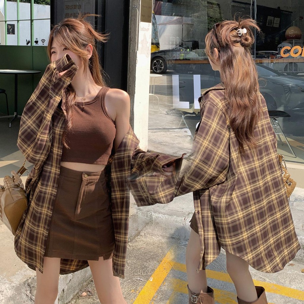 MIMI&DIDI#เสื้อเชิ้ตลายสก๊อตยาวปานกลางสไตล์เรโทรอเมริกัน เสื้อแขนยาวลำลองแจ็คเก็ตกันแดด แฟชั่น ทรงหลวม สวมใส่สบาย#W457