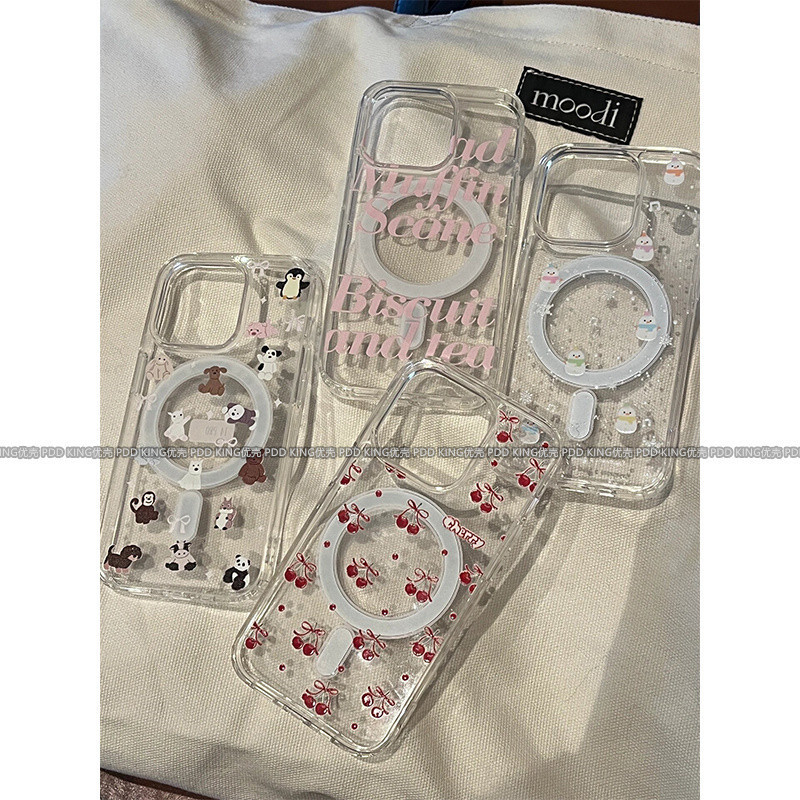 เคสโทรศัพท์มือถือสำหรับ iPhone 11 12 13 14 15 16 Pro Max PLUS เต็มหน้าจอขนาดเล็กเชอร์รี่ขนาดเล็กผงสัตว์เล็กภาษาอังกฤษหุ้มทั้งเครื่องเคสนิ่มกันกระแทกเคสป้องกันเคสแม่เหล็ก zjzc
